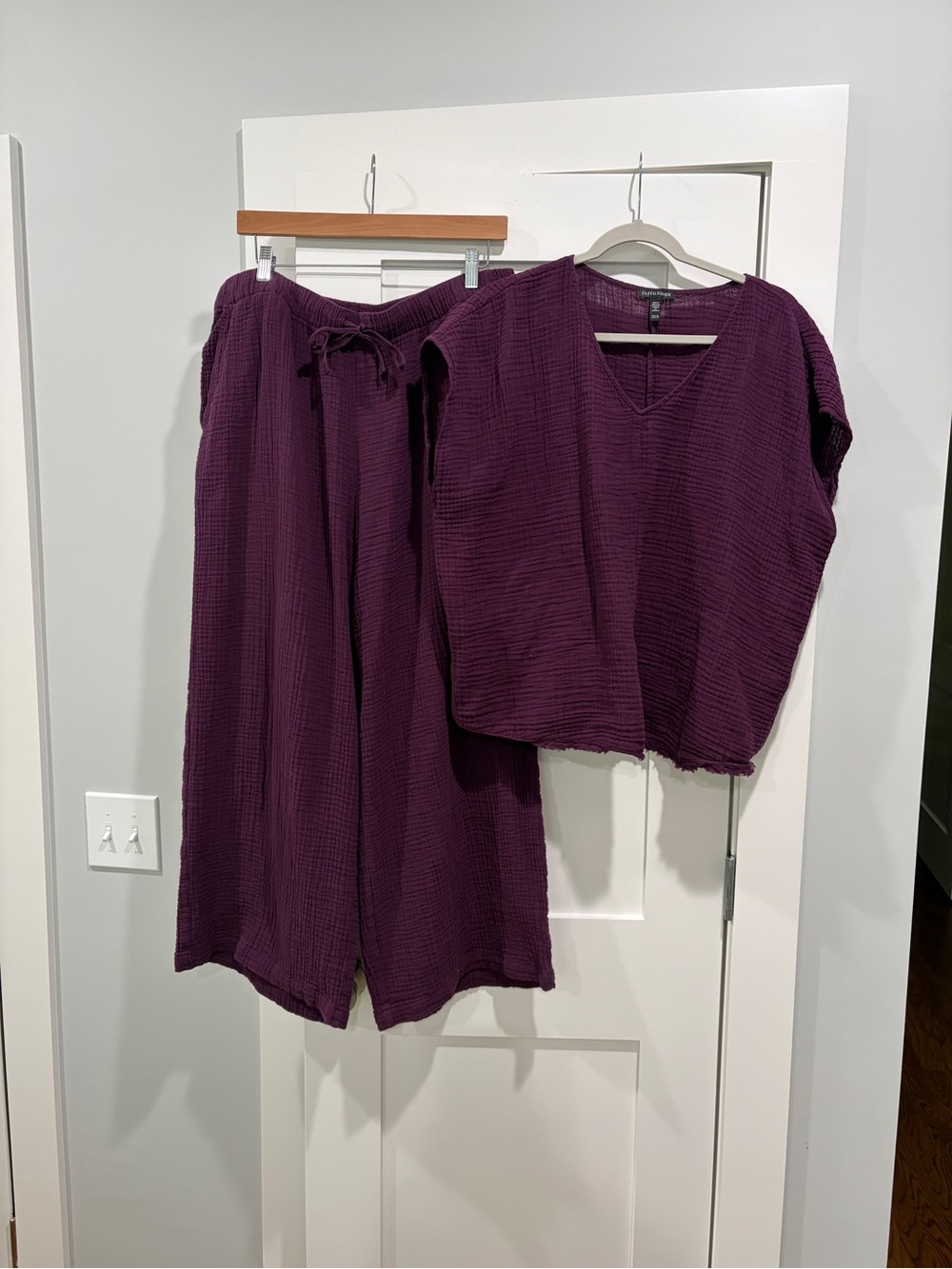 Eileen Fisher Deep Plum Gauze Wide-Leg Pants & V-Neck Top Set